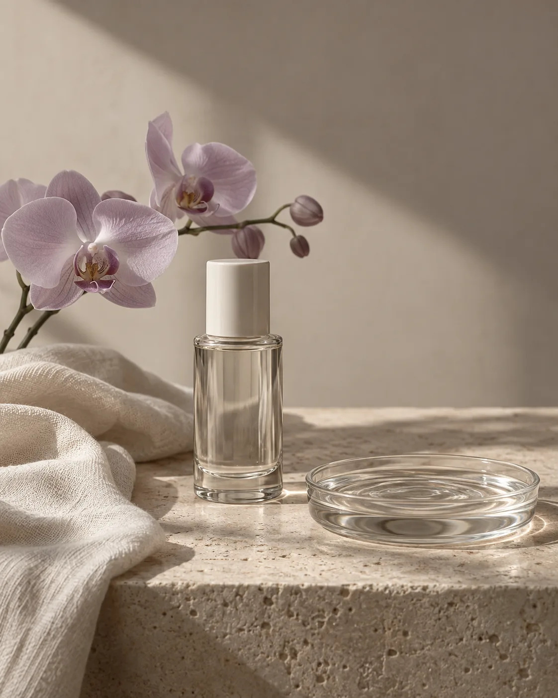 A still-life illustration with skin care objects in a softly lit interior; a brand mood image.